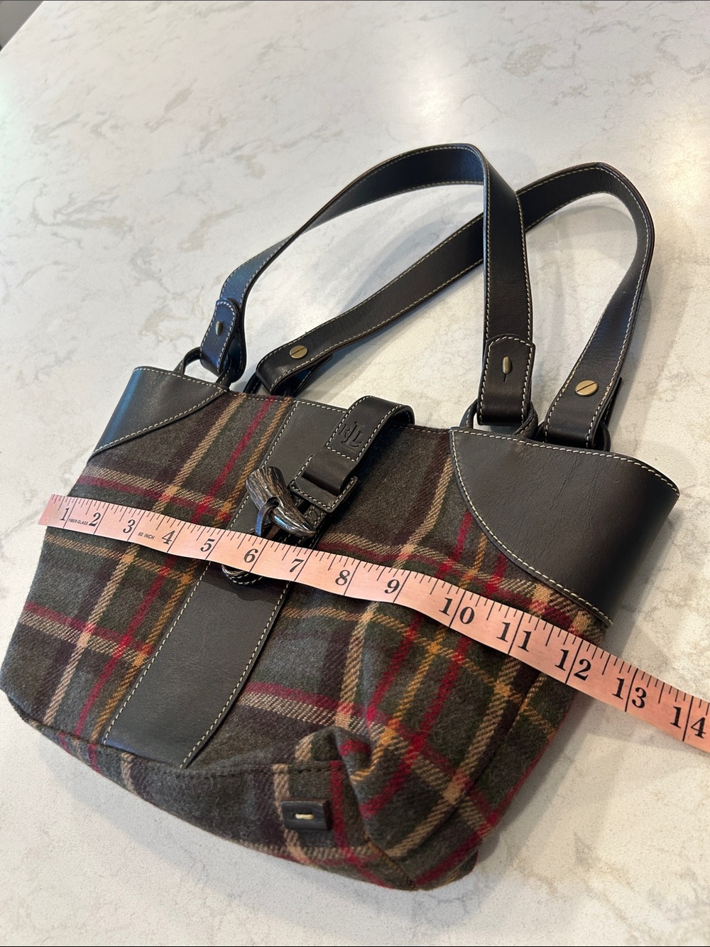 VTG Lauren Ralph Lauren Plaid Hobo Dark Brown Leather Trim Equestrian Preppy Y2K - Picture 9 of 13